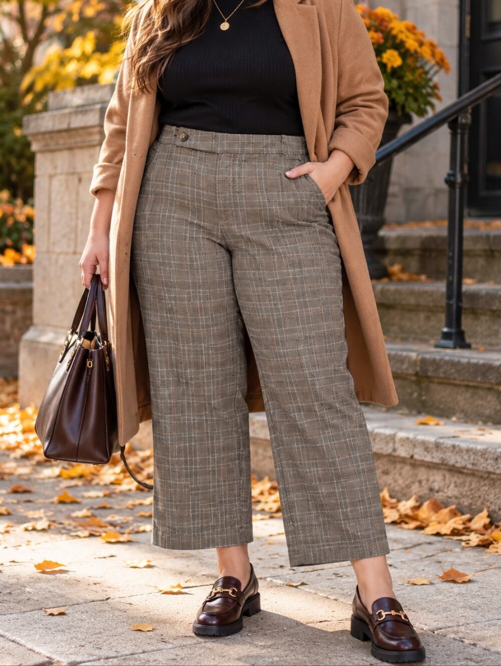 Simons Contemporaine Brown Gray Plaid Wide Leg Cropped Pants Stretch Casual